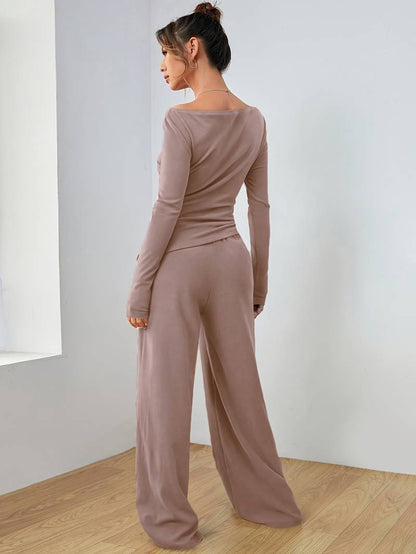 Mia – solid, casual set of long sleeve shirt and wide leg trousers