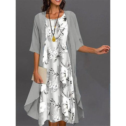 Emma gray printed midi dress with outerwear