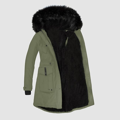 Stylish women's parka with black faux fur trim