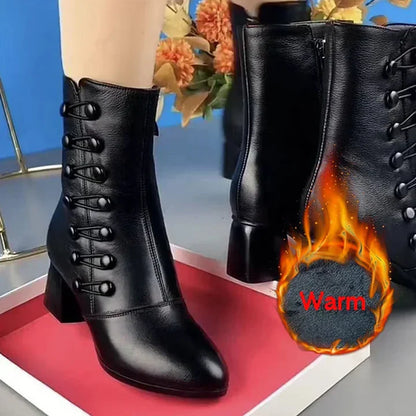 Warm leather women's boots made of coarse leather