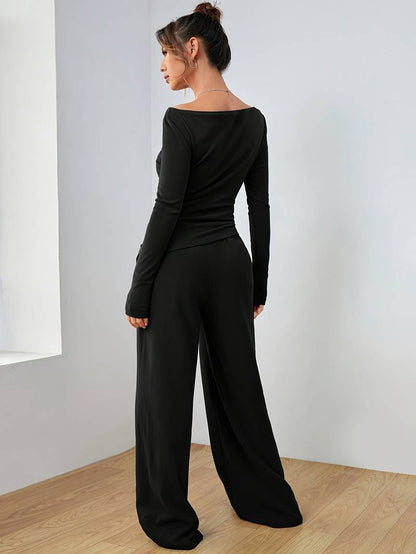 Mia – solid, casual set of long sleeve shirt and wide leg trousers