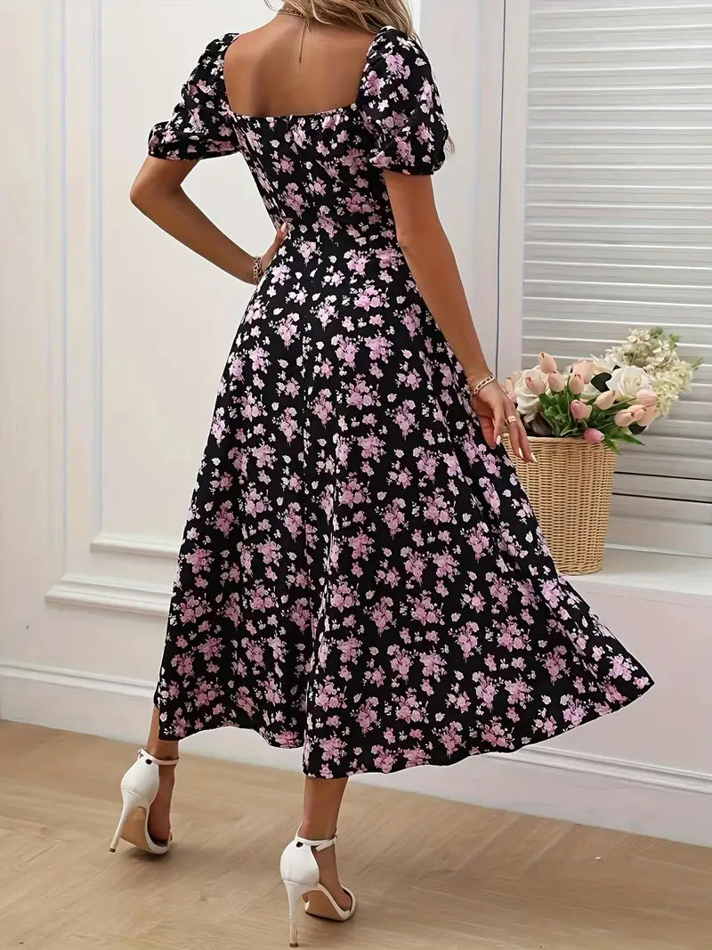 Ava floral print a-line dress with puff sleeves for spring and summer