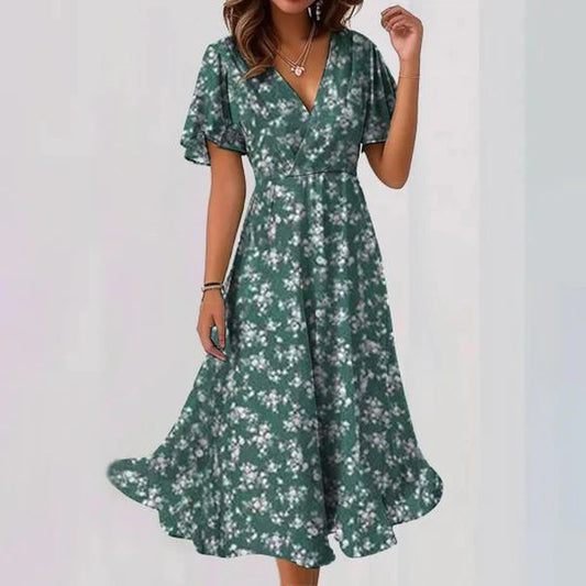 Sophia green short sleeve v neck midi dress