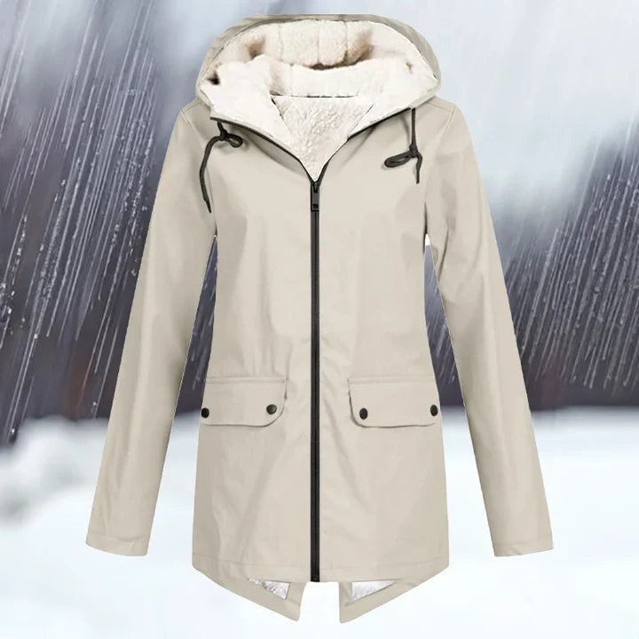 Plain wind- and waterproof jacket with hood and thickening