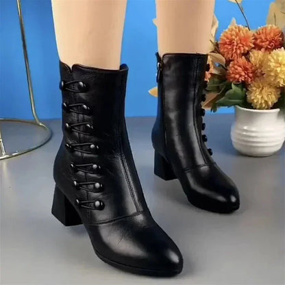 Warm leather women's boots made of coarse leather