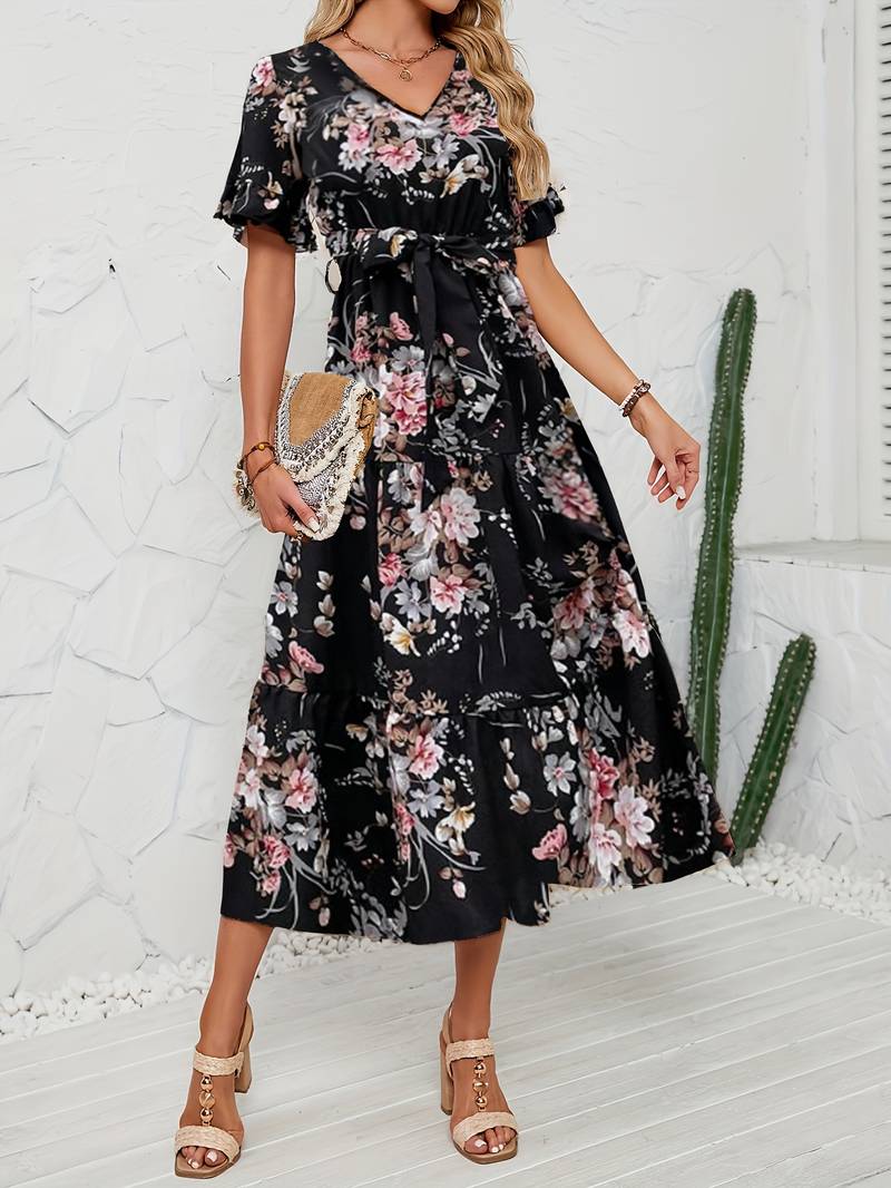 Lily short sleeve floral print ruffle v neck dress