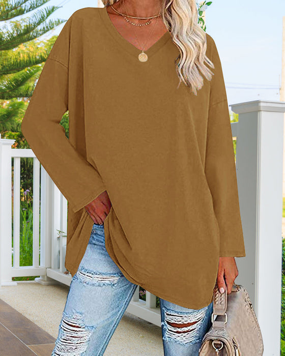 Plain women's blouse with long sleeves and v-neck