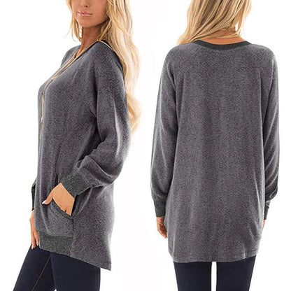 Casual women's t-shirt with long sleeves, round neck and 2 pockets