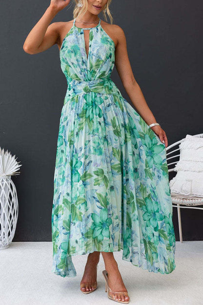 Forecast - pleated mid-length dress with a cutout neckline and a floral pattern