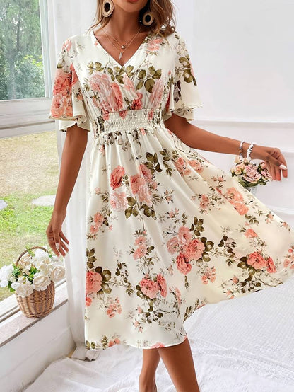 Ella - elegant a-line dress with floral print, v-neck and ruffle sleeves