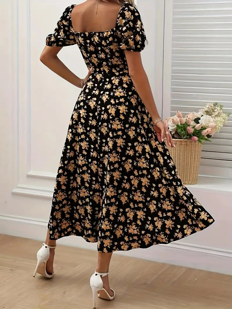 Ava floral print a-line dress with puff sleeves for spring and summer