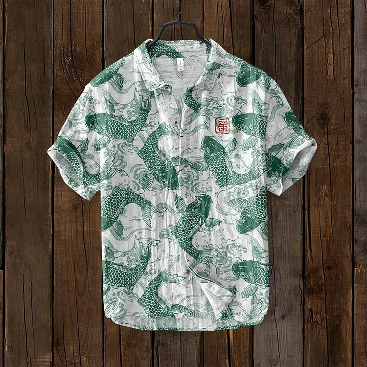 Osamu - vintage fish Japanese art linen blend shirt