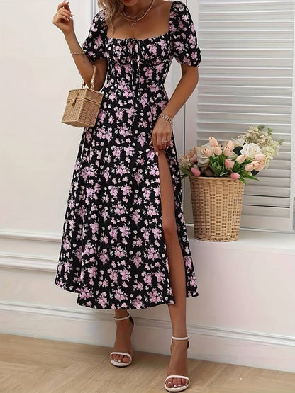 Ava split hem floral a-line dress for spring