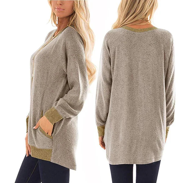 Casual women's t-shirt with long sleeves, round neck and 2 pockets