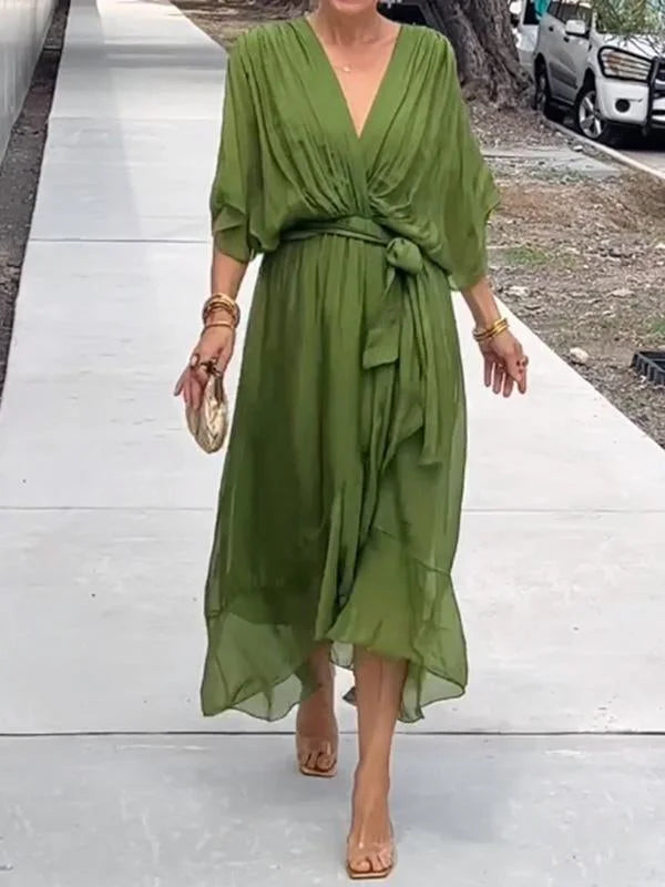 Luisa – green chiffon dress with v-neck