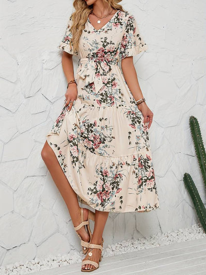 Lily short sleeve floral print ruffle v neck dress