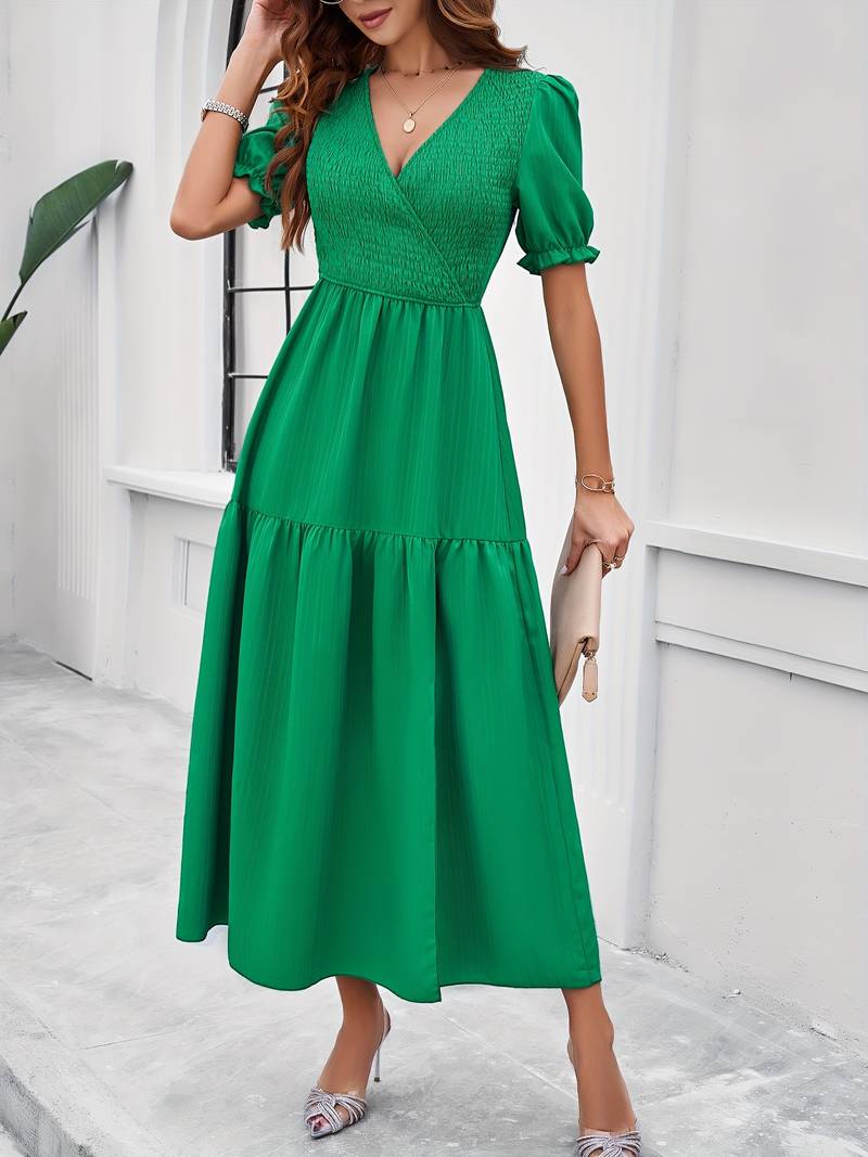 Fiona - shirred v-neck split hem dress