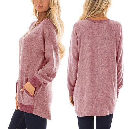 Casual women's t-shirt with long sleeves, round neck and 2 pockets