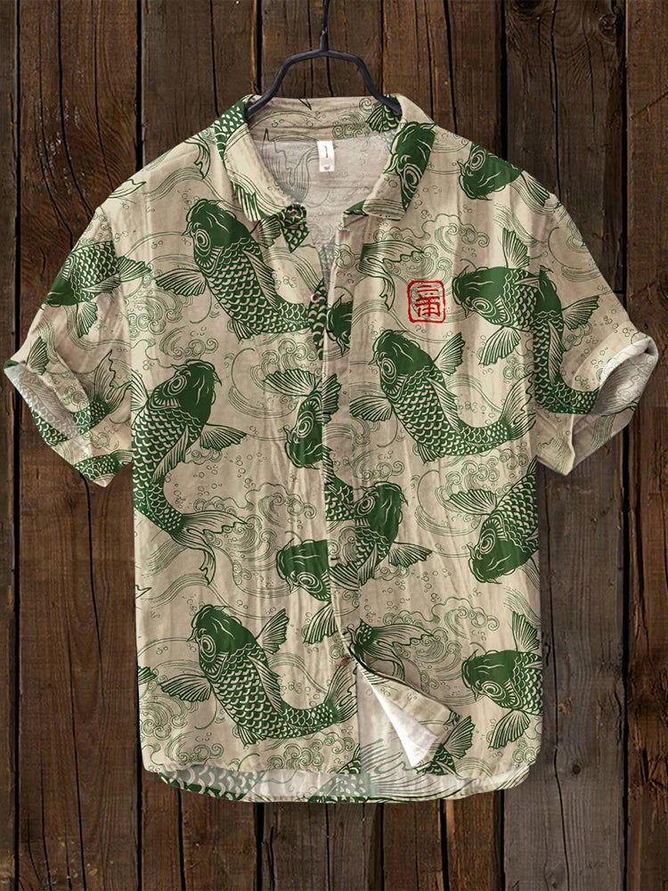 Osamu - vintage fish Japanese art linen blend shirt