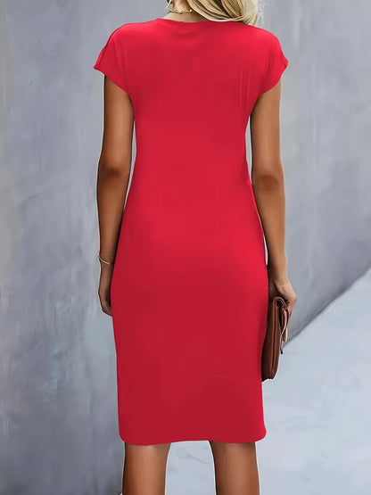 Elizabeth – solid color round neck dress with crew neck