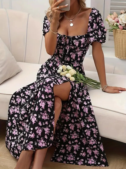 Ava floral print a-line dress with puff sleeves for spring and summer