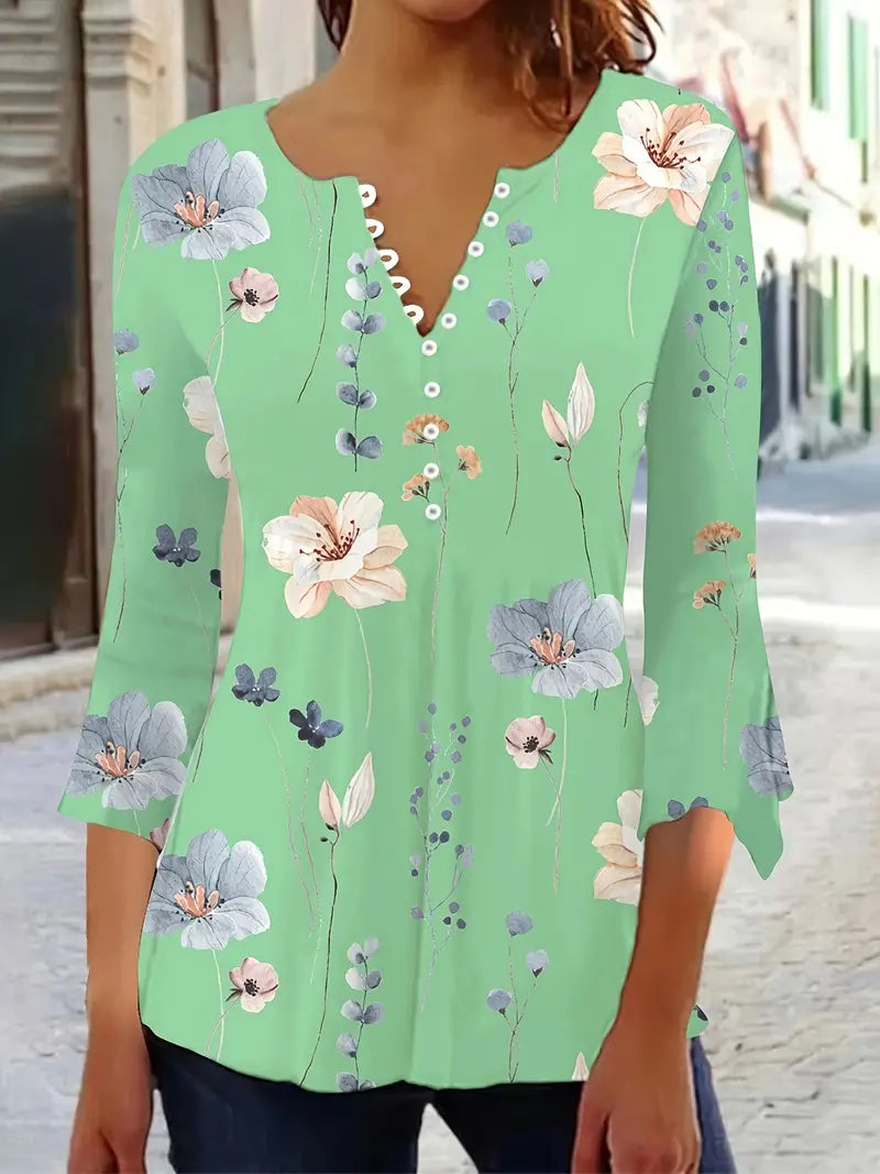 Fiorella – floral print top with buttons and flared sleeves