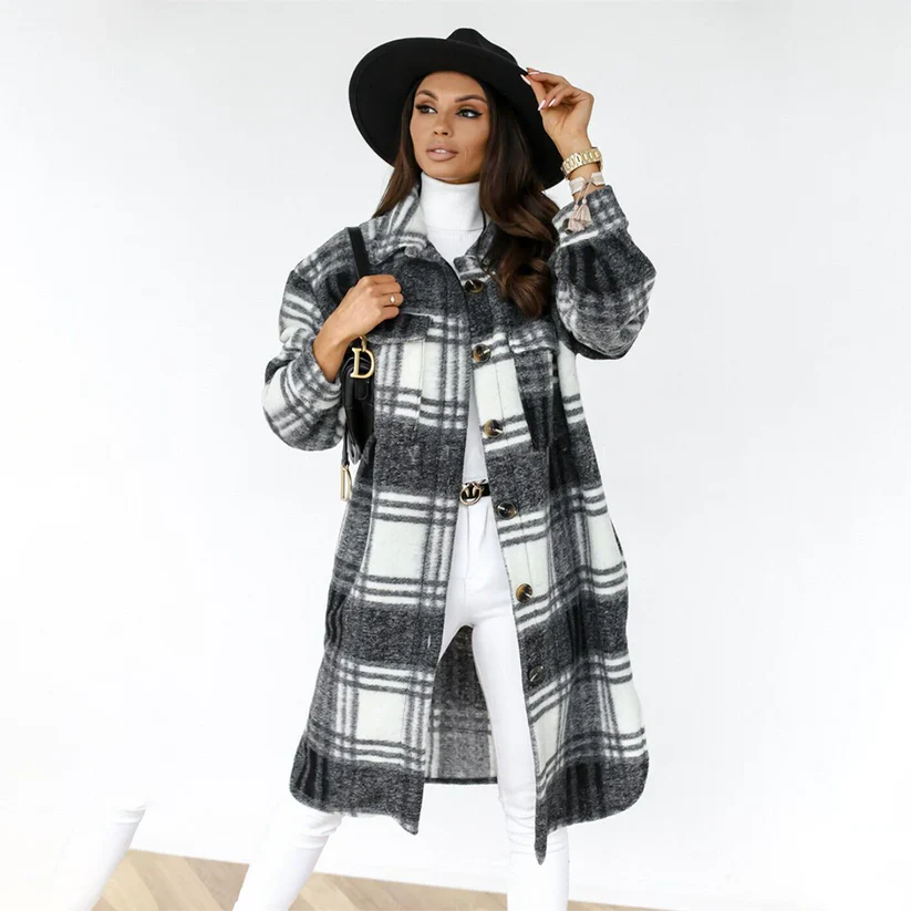 Harlow - long checked winter coat with belt