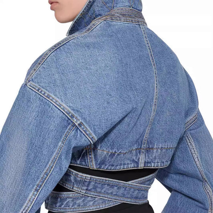 Short asymmetric denim jacket with adjustable belt - zoey