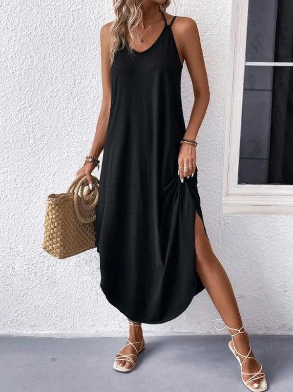 Evelyn – sexy simple black halterneck maxi dress