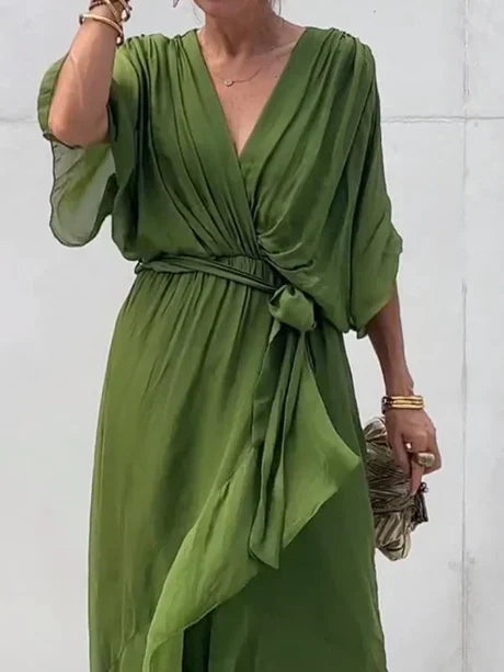 Fiona - green v-neck chiffon midi dress