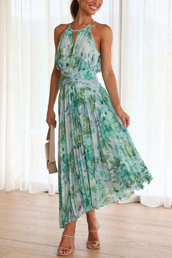 Forecast - pleated mid-length dress with a cutout neckline and a floral pattern