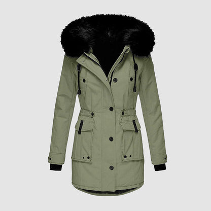 Stylish women's parka with black faux fur trim