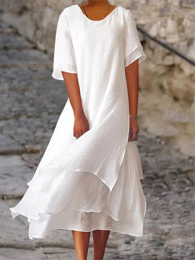 Dress - with a round neck and short sleeves made of double-layered cotton and linen