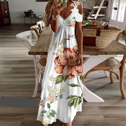 Destiny - elegant long dress with floral pattern - summery, v-neck, sleeveless made of cotton blend