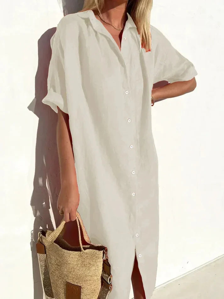 Delia - elegant, casual dress for women with wide sleeves and buttons dress made of cotton and linen