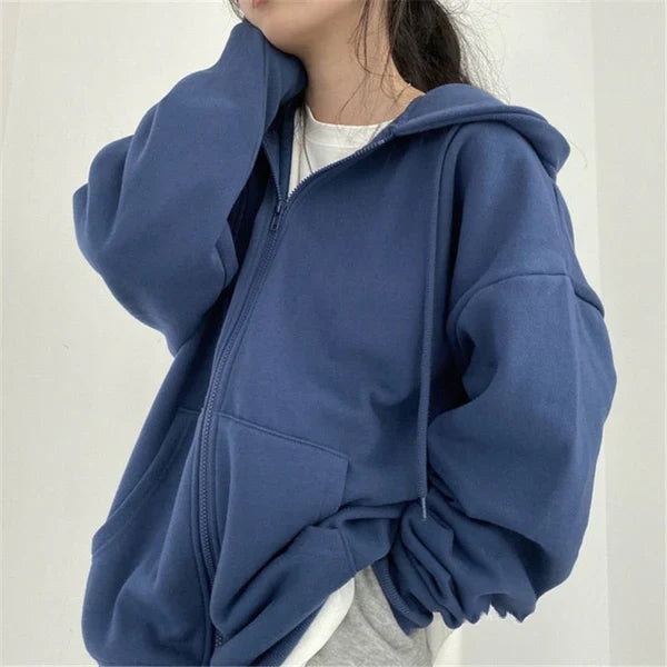 Oversized solid pocket with hood and long loose baseball jacket with zipper closure