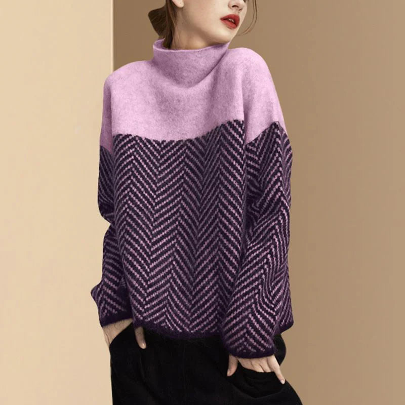 High neck sweater with herringbone pattern