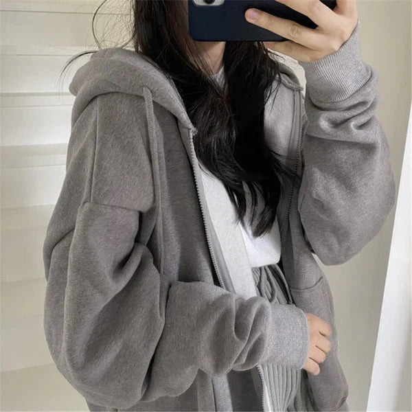 Oversized solid pocket with hood and long loose baseball jacket with zipper closure