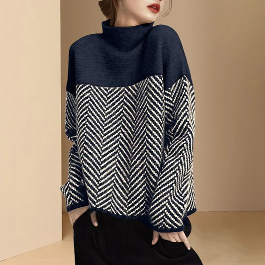 High neck sweater with herringbone pattern