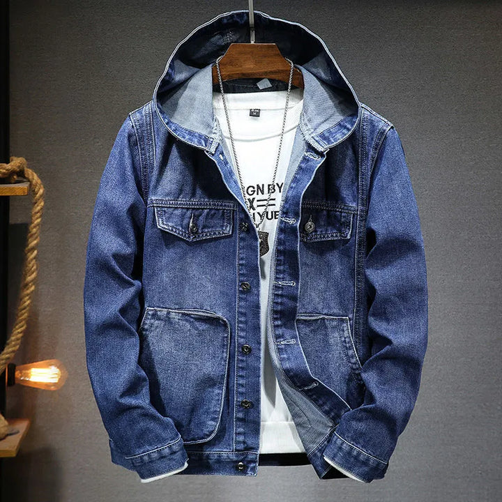 Men's denim jacket with hood in vintage style