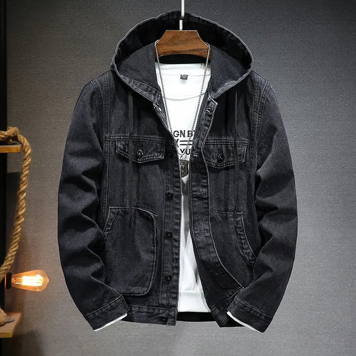 Men's denim jacket with hood in vintage style