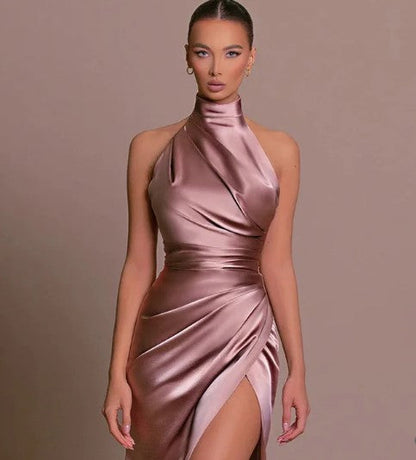 Harper – satin cocktail dress with no back slit