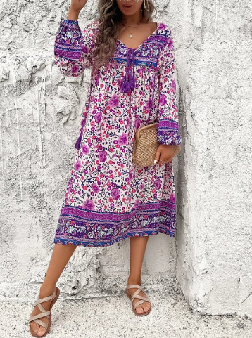 Madison floral printed tassel v neck boho dress