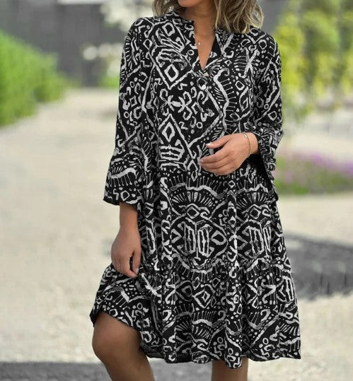 Ava - ethnic graphic print band collar boho dress