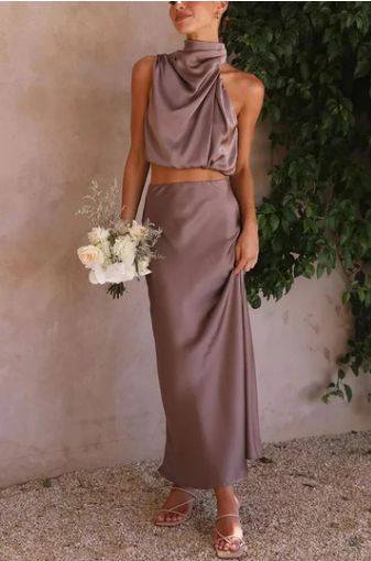 Charlotte sleeveless two-piece satin maxi dress with irregular collar