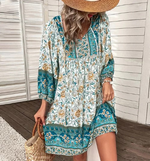 Sophia - short sleeve boho dress with v-neck and floral print