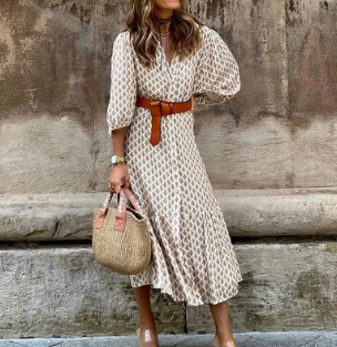 Emma - elegant long-sleeved midi dress with print