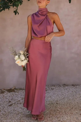 Charlotte sleeveless two-piece satin maxi dress with irregular collar