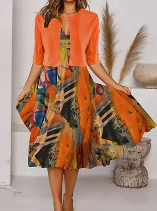 Harper - orange midi dress with half sleeves and v-neck