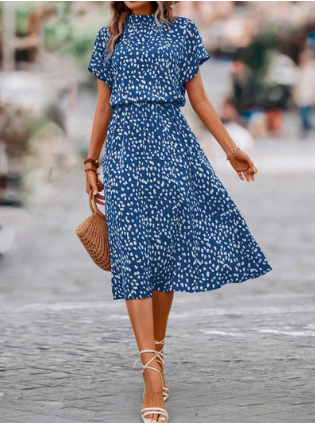 Isabella - blue printed midi dress with round neck